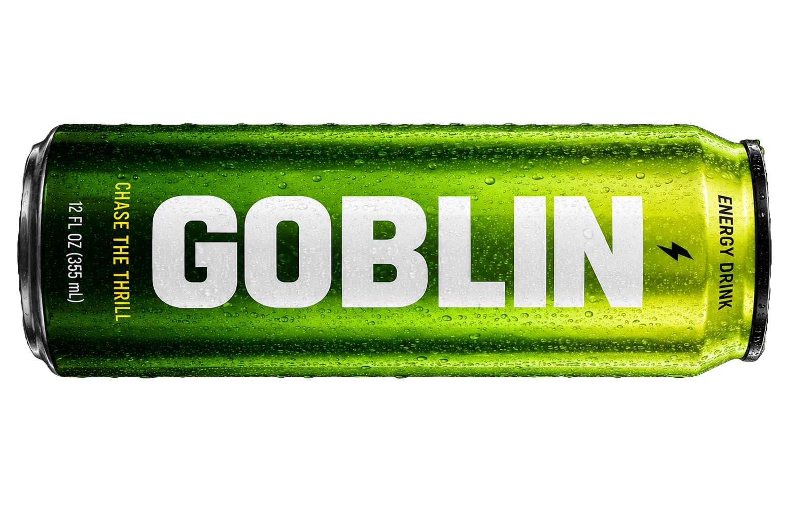 A lime-green GOBLIN energy drink can covered in condensation